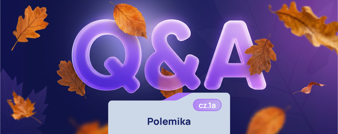 Okładka: Q&A – Polemika, cz.1a. Fioletowe litery Q&A wśród jesiennych liści na granatowym tle