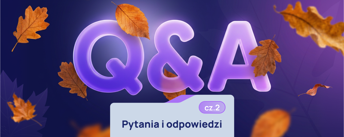 Okładka: Q&A – Pytania i odpowiedzi, cz.2. Fioletowe litery Q&A wśród jesiennych liści na granatowym tle